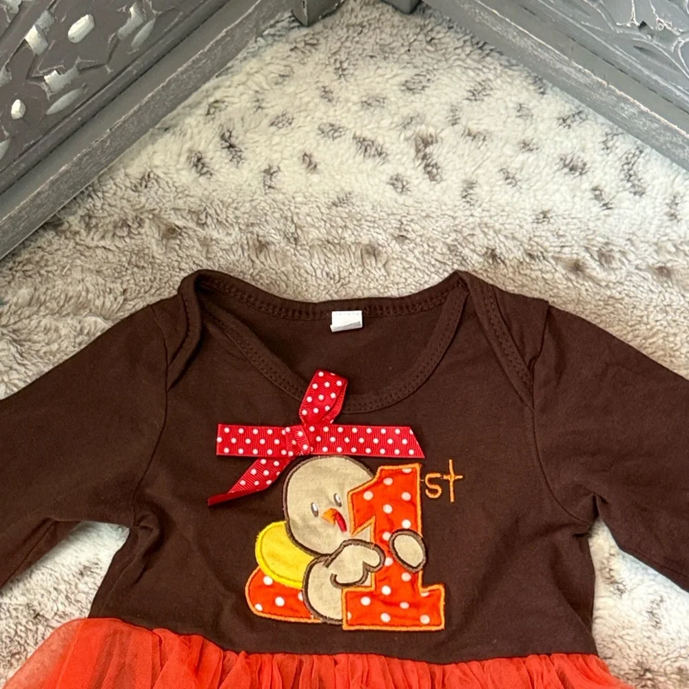Thanksgiving turkey baby dress girls 24 months brown orange tulle skirt holiday